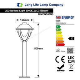 Long Life Lamps Company 12W Led Bollard Outdoor Garden Light Stainless Steel Black Finish Warm White Zlc359Bww - thumbnail 2