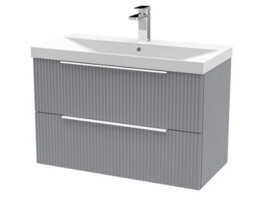Hudson Reed Fluted Wall Hung 2-Drawer Vanity And Thin-Edge Basin, Contemporary Sink Vanity Unit, Satin Grey, 800mm