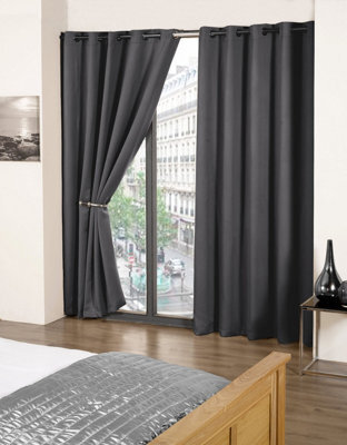 Charcoal Woven Thermal Blackout Eyelet Curtains 46 Inch Width X 54 Inch Drop