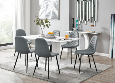 Furniturebox Imperia White High Gloss 6 Seater Dining Table With Structural 2 Plinth Column Legs 6 Grey Faux Leather Silver Leg Corona Chairs - image 1
