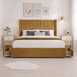 Luxury Mustard Plush Milan Single Bed Frame With Mattress 54 Inches Wingback Headboard 2 Footend Storage Drawers - thumbnail 2