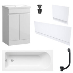 FNX Bathrooms Waterproof 600mm Vanity Unit With Single Ended Bath Gloss White Panel Set Matt Black Bath & Universal Basin Waste