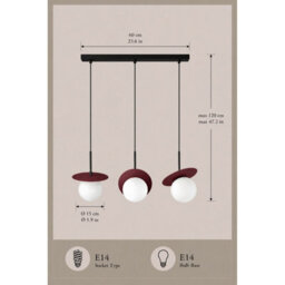Luminosa Lighting Luminosa Aura Bar Pendant Ceiling Light Black, Burgundy White Glass Shade 3X E27 - thumbnail 4