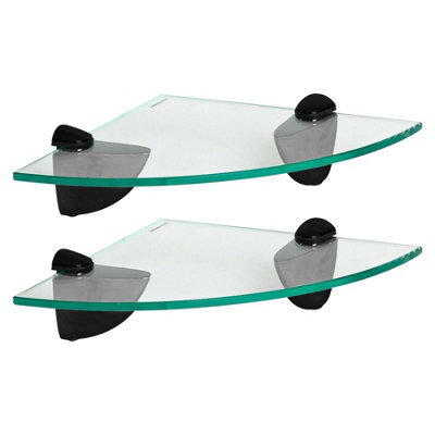 Harbour Housewares 2X Floating Glass Corner Shelves - 20Cm - Black Brackets - Bathroom Shower Storage Vanity Display Unit Shelf - image 1