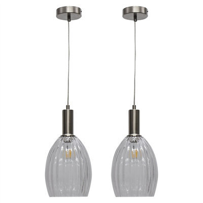 First Choice Lighting Set Of 2 Birch - Clear Fluted Glass Satin Nickel Deco Pendant Fittings - image 1