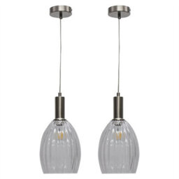 First Choice Lighting Set Of 2 Birch - Clear Fluted Glass Satin Nickel Deco Pendant Fittings - thumbnail 1