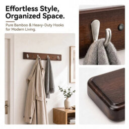 Brown Wall-Mounted Coat Rack 45.5 Cm  Stylish Bamboo Base With 4 Matte Nickel Hooks - thumbnail 5