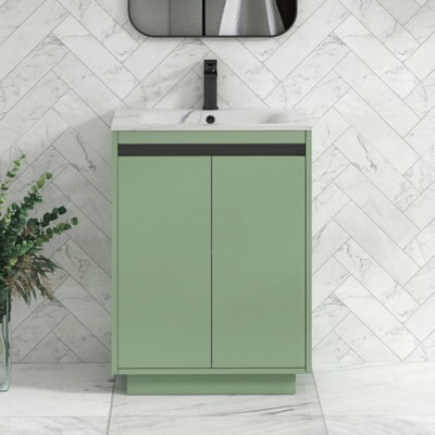 Royal Bathrooms Orion 600mm Mint Sage 2 Door Floor Standing Bathroom Vanity Unit With Carrara White Basin & Black Accent Trim - image 1