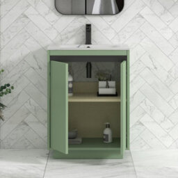 Royal Bathrooms Orion 600mm Mint Sage 2 Door Floor Standing Bathroom Vanity Unit With Carrara White Basin & Black Accent Trim - thumbnail 4