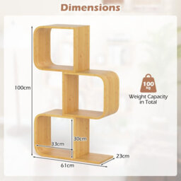 Costway 3-Tier S-Shaped Bookcase Bamboo Bookshelf W/ 3 Open Cubes-Natural - thumbnail 2