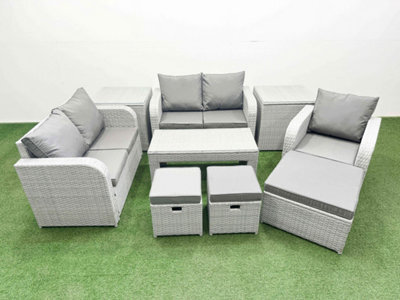 Fimous High Back Poly Rattan Garden Furniture Set Reclining Chair Loveseat Sofa Oblong Coffee Table Set 3 Stools 2 Side Table - image 1