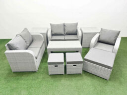 Fimous High Back Poly Rattan Garden Furniture Set Reclining Chair Loveseat Sofa Oblong Coffee Table Set 3 Stools 2 Side Table - thumbnail 1