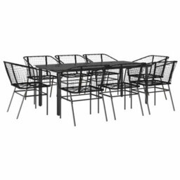 Berkfield 9 Piece Garden Dining Set Black Poly Rattan Glass - thumbnail 2
