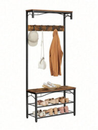 Songmics Vasagle Coat Rack, Hallway Cabinet, With Top Board, Shoe Rack, Bench And 5 Double Hooks, Metal Frame, Rustic Brown And Black - thumbnail 8