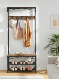 Songmics Vasagle Coat Rack, Hallway Cabinet, With Top Board, Shoe Rack, Bench And 5 Double Hooks, Metal Frame, Rustic Brown And Black - thumbnail 4