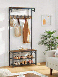 Songmics Vasagle Coat Rack, Hallway Cabinet, With Top Board, Shoe Rack, Bench And 5 Double Hooks, Metal Frame, Rustic Brown And Black