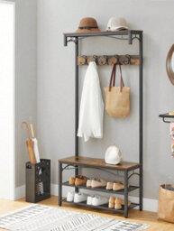 Songmics Vasagle Coat Rack, Hallway Cabinet, With Top Board, Shoe Rack, Bench And 5 Double Hooks, Metal Frame, Rustic Brown And Black - thumbnail 3