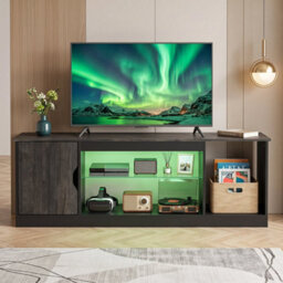 Grey Modern Media Console Table With Adjustable Glass Shelf Cabinet & Compartment - thumbnail 3