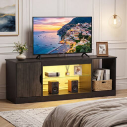 Grey Modern Media Console Table With Adjustable Glass Shelf Cabinet & Compartment - thumbnail 4