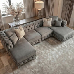 Monaco 4 Seater Chesterfield Chaise Sofa Grey Velvet U Shaped Chaise- Deep Buttoned Cushions Upholstery Couch Lounge - thumbnail 5