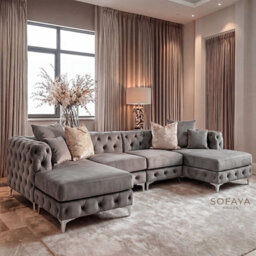 Monaco 4 Seater Chesterfield Chaise Sofa Grey Velvet U Shaped Chaise- Deep Buttoned Cushions Upholstery Couch Lounge - thumbnail 1
