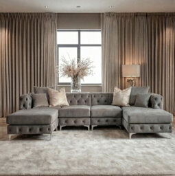 Monaco 4 Seater Chesterfield Chaise Sofa Grey Velvet U Shaped Chaise- Deep Buttoned Cushions Upholstery Couch Lounge - thumbnail 2