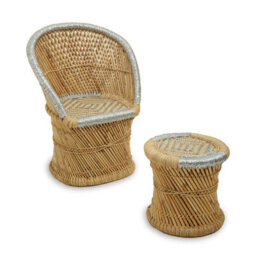 Orsina Handwoven Natural And Black Chair And Stool, Comfortable Rattan Design Armchair, Sustainable Bamboo Chair