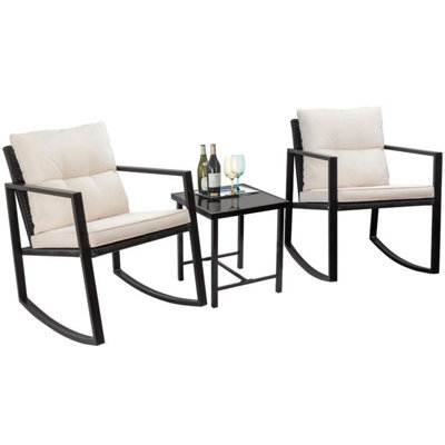 Taylor & Brown 3 Piece Rattan Bistro Set Cushioned Chairs & Glass Table, Outdoor Wicker Furniture For Garden/patio (Black/beige) - image 1