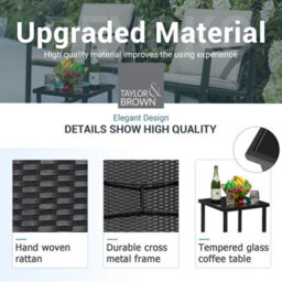 Taylor & Brown 3 Piece Rattan Bistro Set Cushioned Chairs & Glass Table, Outdoor Wicker Furniture For Garden/patio (Black/beige) - thumbnail 3