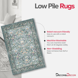 Decoranddecor Rug, Washable Rugs, Bedroom Kitchen Rugs, 80X150Cm, Non-Slip, Pet Friendly, Low Pile, Floral Rug - Zafira - thumbnail 3
