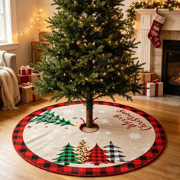 Amorly 120Cm Christmas Tree Skirt, Black Red Buffalo Plaid Xmas Tree Mat With Snowflake Motifs, Rustic Decor Ornament For Party Displays - thumbnail 6