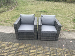 Fimous 2 Pc Outdoor Rattan Arm Sofa Chair Garden Furniture With Seat And Back Cushion Dark Grey Mixed - thumbnail 2