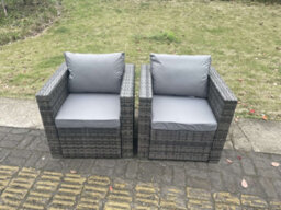 Fimous 2 Pc Outdoor Rattan Arm Sofa Chair Garden Furniture With Seat And Back Cushion Dark Grey Mixed