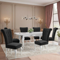 Extendable Dining Table And 6 Chairs Wood Mdf Hdf Chipboard Lara 140 To 180X80X75Cm White Oak Finish White And Black - thumbnail 1