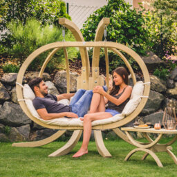 Amazonas Globo Double 2 Seat/person Wooden Hanging Egg Chair With Agora Fabric Weatherproof Cushion - Natura - thumbnail 2