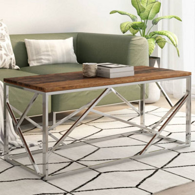 Berkfield Coffee Table Silver Stainless Steel And Solid Sleeper Wood - image 1