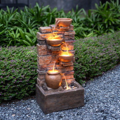Teamson Home 72.3 Cm Outdoor 4-Tier Stacked Stone Cascading Water Fountain With Led Lights, Brown - image 1