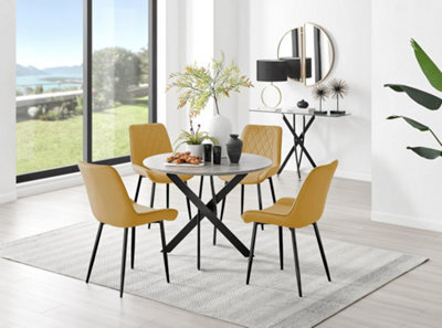 Furniturebox Novara Grey Concrete Effect 100Cm Round Dining Table With Black Starburst Legs & 4 Mustard Pesaro Velvet Chairs - image 1