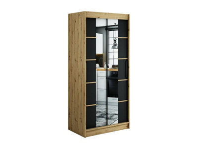 Arte Leto V4 Contemporary 2 Sliding Mirror Door Wardrobe 5 Shelves 2 Rails Black Matt And Oak Effect (H)2000mm (W)1000mm (D)620mm - image 1