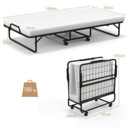 Costway Folding Bed Rollaway Guest Bed Fold Up Sleeper Bed W/ 10Cm Memory Foam Mattress & 4 Universal Wheels - thumbnail 2