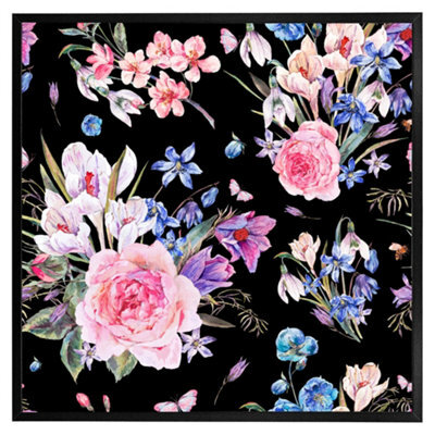 "Andrew Lee Bright Pink Flowers On Black (Picutre Frame) / 12X12"" / Oak" - image 1