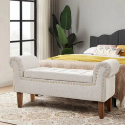 Beige Upholstered Ottoman Storage Box Bench Seat Linen Footstool Living Room Bedroom - thumbnail 5