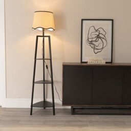 Valuelights Hiru Black 3 Tier Shelf Floor Lamp With Black Trim Scallop Shade - thumbnail 1