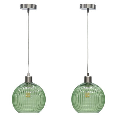 First Choice Lighting Set Of 2 Betchley - Green Ribbed Glass Globe With Satin Nickel Pendant - image 1
