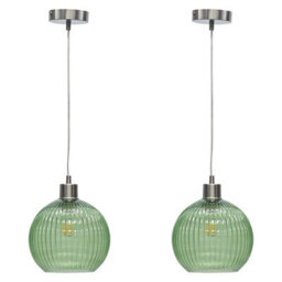First Choice Lighting Set Of 2 Betchley - Green Ribbed Glass Globe With Satin Nickel Pendant