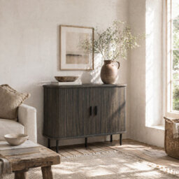 Wyld Haus Tayoyo Grey Mid-Century Sideboard - Slatted Tambour Sliding Doors, Steel Legs, L90 X D40 X H75Cm
