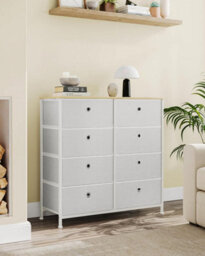 Storage Drawers, Storage Organiser, Chest Of Drawers, With 8 Fabric Drawers, Dresser, Tabletop, Cream White And Oak