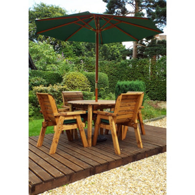 Marlborough Traditional Four Seater Round Table Set With 4 X Green Chair Cushion 1 X Green Parasol & Base & Cushion Storage Bag - image 1