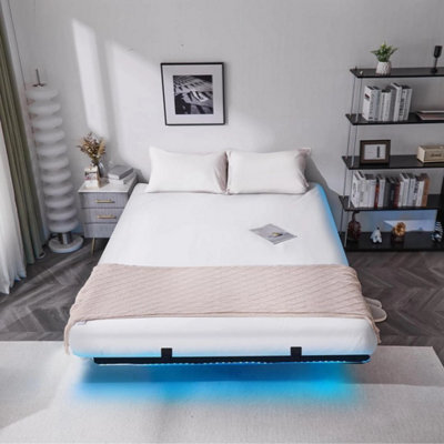 Floating King Bed Frame W/ Led Lights & Upholstered Headboard,charging Station - image 1