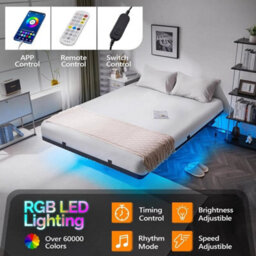 Floating King Bed Frame W/ Led Lights & Upholstered Headboard,charging Station - thumbnail 4